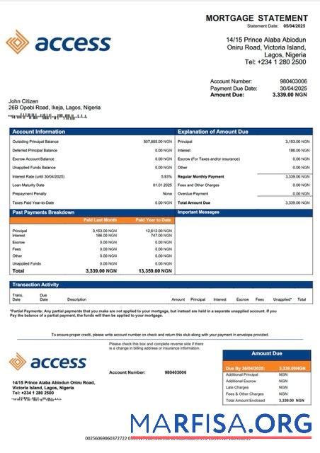 Downloadable Nigeria Access Bank mortgage statement Word and PDF template